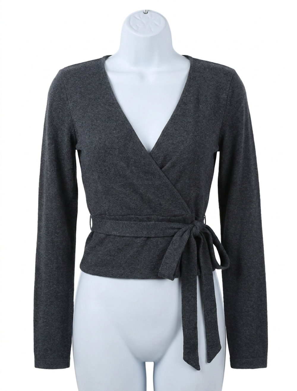 NEW MYSTREE wrap tie front long sleeve rib top in deep blue